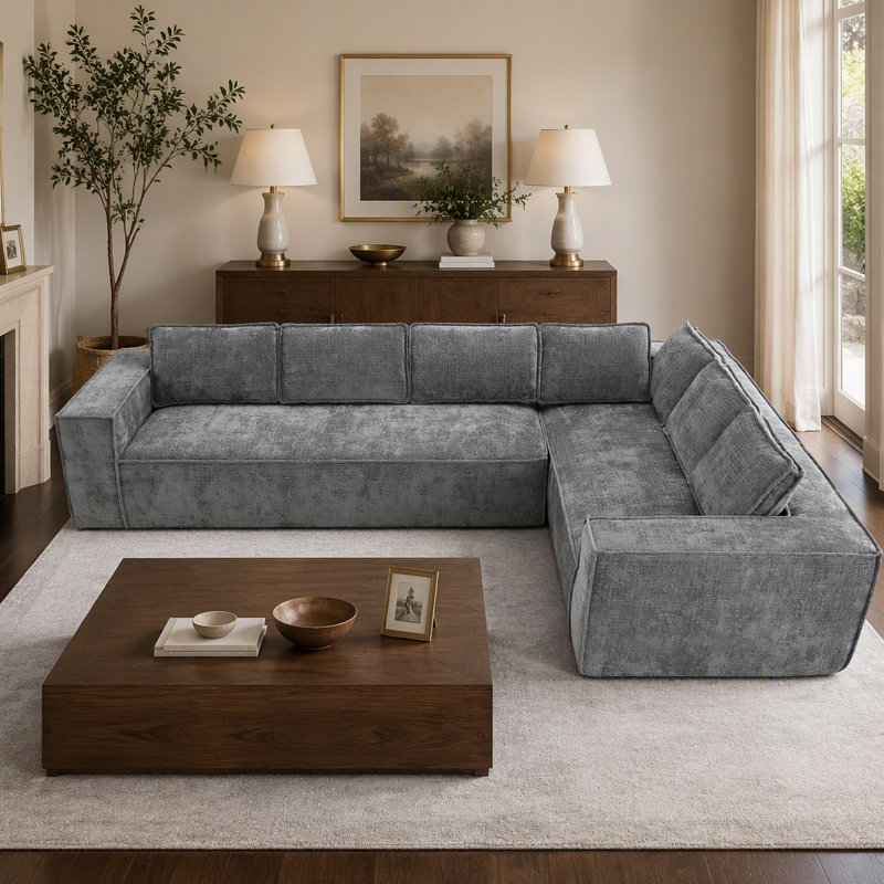 Canapé modulaire minimaliste avec chenille infroissable, aucun assemblage requis pour le salon, Gray Chenille
