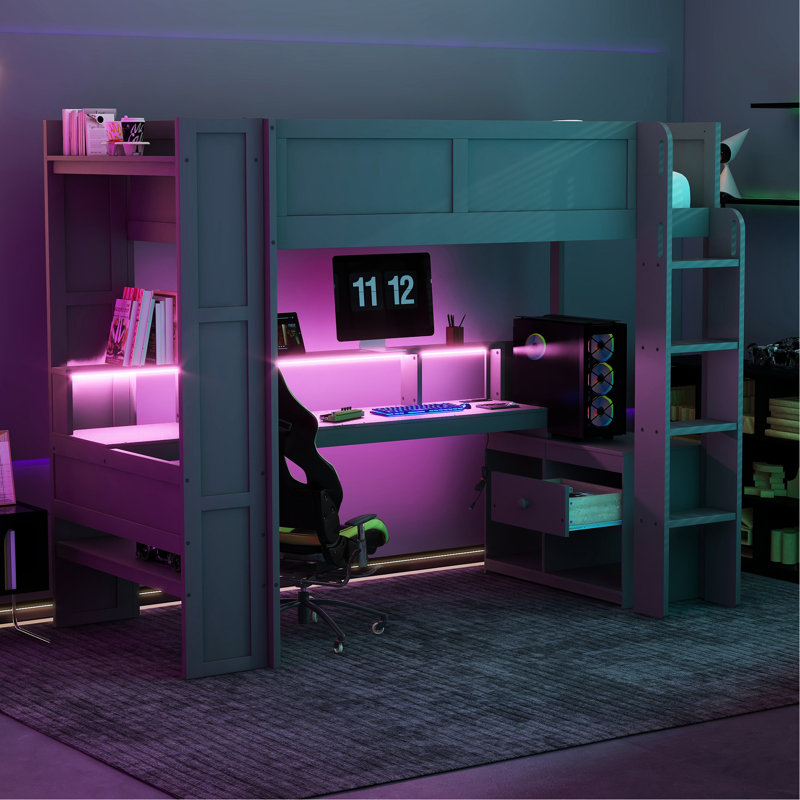Lit mezzanine simple avec bureau en bois et plusieurs rangements, bureau à DEL avec charge - gris foncé