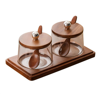 Condiment Containers Set With Acacia Wood Lids And Tray Seasoning Box Condiment Pots Jars With Spoons For Spice Salt Sugar Cruet