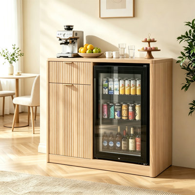 39.4" Coffee Bar Cabinet with Fridge Space, Mini Fridge Liquor Cabinet with Wine Storage & Charging Station, Fluted Buffet Sideboard with Glass Holder for Living Room Kitchen
