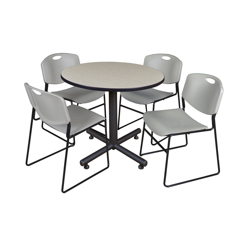 Table de salle à manger avec base Nick Nick et 4 chaises empilables Zeng, Érable, Gris