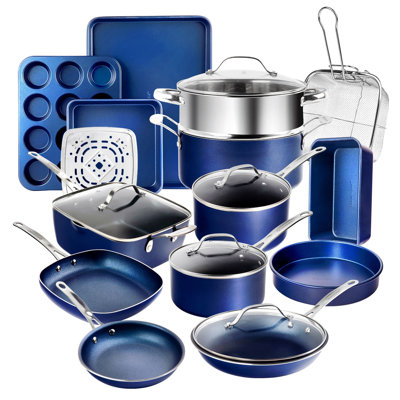 Blue 20 Piece Aluminum Non Stick Cookware & Bakeware Set with Ultra Nonstick Surface, Oven & Dishwasher Safe