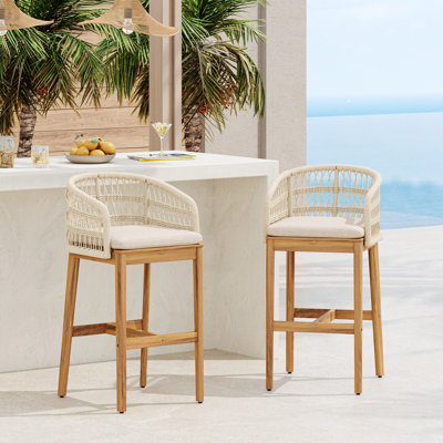 Holtzclaw 29'' Teak Finish Outdoor Wood Bar Stools With Rope Back And Beige Cushions