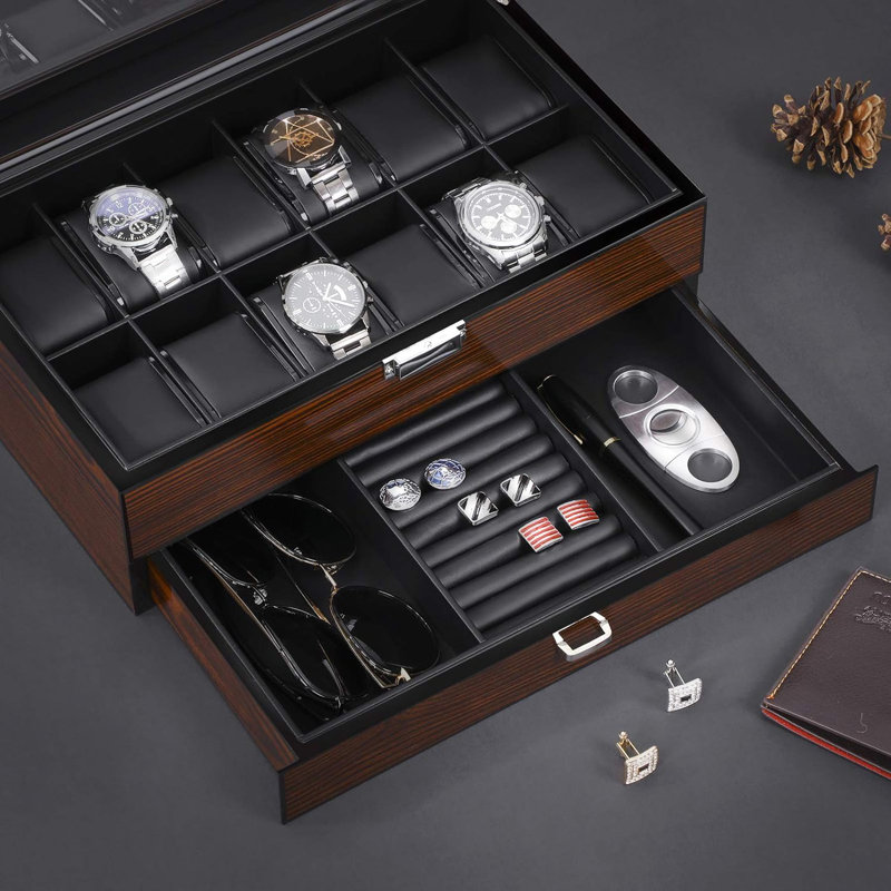 12-Slot Luxury Watch Box with Valet Drawer, Brown