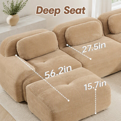 Canapé modulaire en forme de L sans assemblage, conception ergonomique, tissu velours côtelé de luxe, accoudoirs courbés extra larges, éponge 32D haute résilience pour les salons et les chambres à coucher, chameau