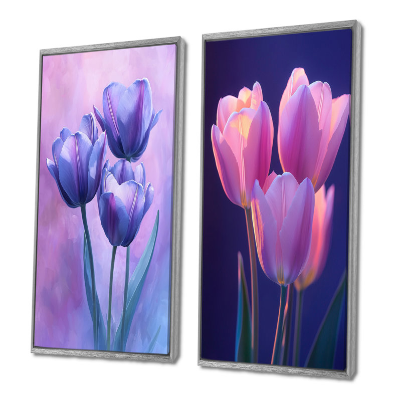 Lavande tulipes Twilight Shine I - art mural floral 2 pièces, H 28 po x l 25 po, Encadrement argenté
