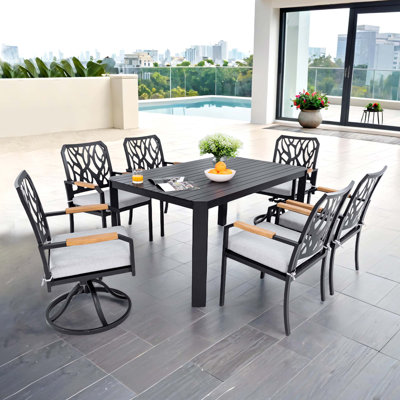 7-PC Outdoor Patio Aluminum Furniture Set, with 4 Dining Chairs & 2 Swivel Rockers Sunbrella Fabric Cushioned, Nature-Inspired Branch-Like Backrest, Rectangular Table with Umbrella Hole,Bourbon Brown