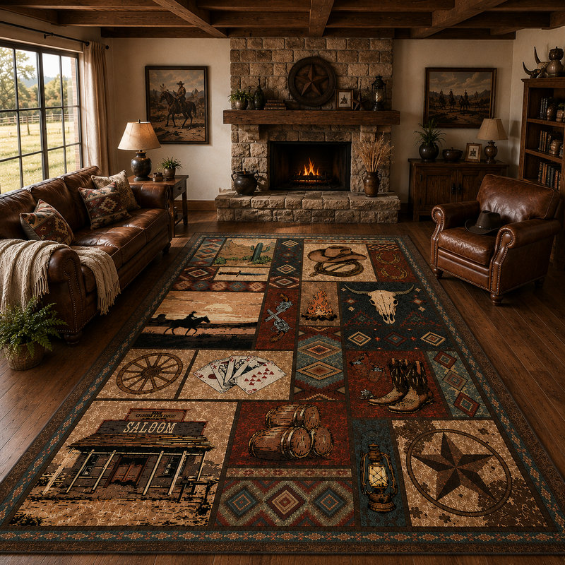 Tapis vintage lavable à la machine avec ranch rustique du Sud-Ouest, Rectanlge 6'x9'
