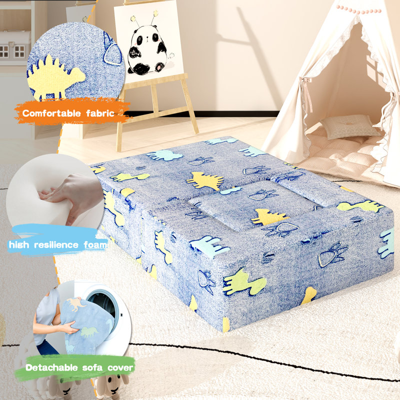 Folding Modular Sofa (Blue Dinosaur Style), Suitable For Home Use! Soft Velvet Fabric, Comfortable Sponge Filling, And Equipped With A Foot Pedal