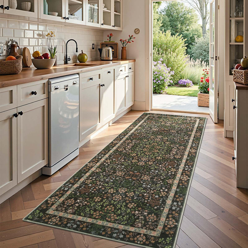 Floral Machine Washable Area Rug, Runner 3' x 8', Black