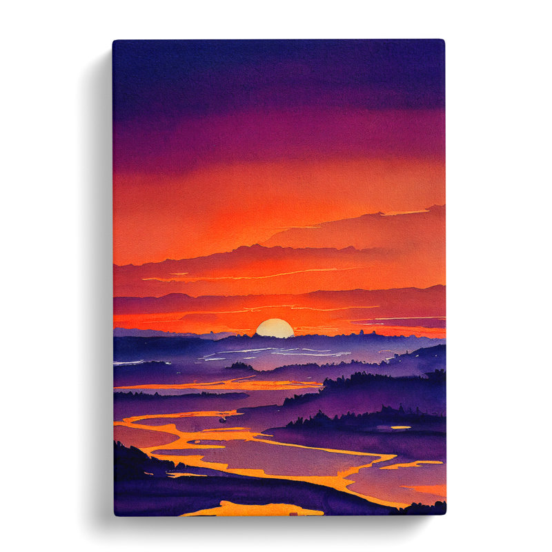 Sunset Lake Watercolour No.6 - Wrapped Canvas, 50cm H x 35cm W x 3cm D