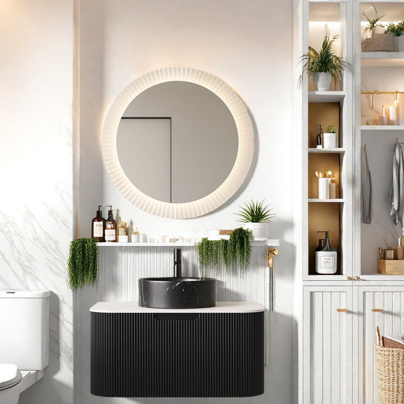 Élégant meuble-lavabo noir en pierre avec lavabo, solution de rangement moderne