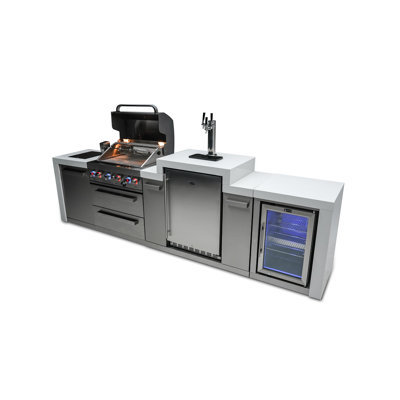 Mont Alpi 130"w Stainless Steel Deluxe Modular Outdoor Kitchen Island With Refrigerator + 3 Tap Kegerator Beer Dispenser + 32"w 4-burner Bbq Grill + Side Burner + White Granite Countertops + Storage + Cover + Natural Gas Convertible + Lifetime Warranty