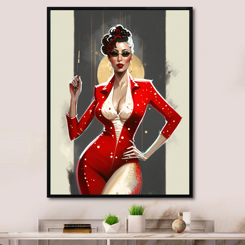 Femme sensuelle en rouge - imprimé, H 44 po x l 34 po x P 1,5 po, Cadre flottant noir