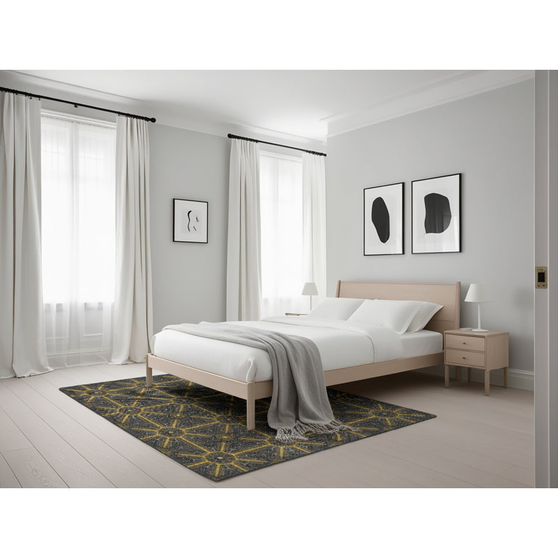 Tapis jaune/noir à motifs, Rectangle 5 pi x 7 pi