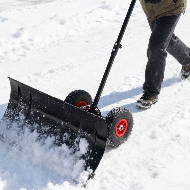 Poussoir à neige en métal de 30 pouces de large - 15 pouces de haut, avec deux roues, une poignée à angle et à hauteur réglables, et une conception ergonomique à deux pôles pour dégager facilement la neige des allées et des trottoirs