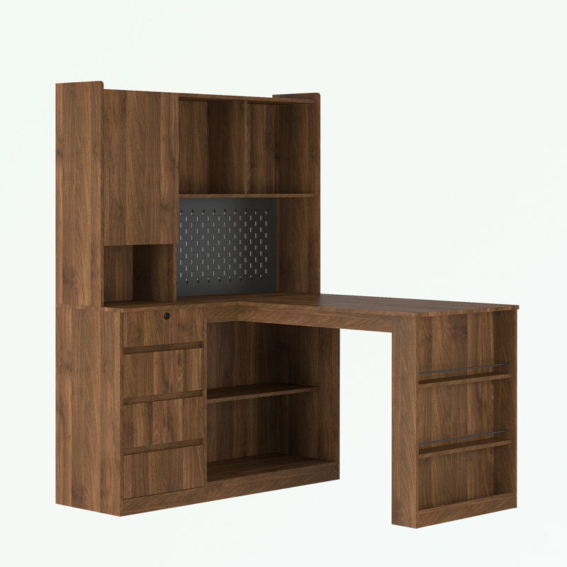 L Shaped Desk with Charger, Drawers and LED Light, Walnut