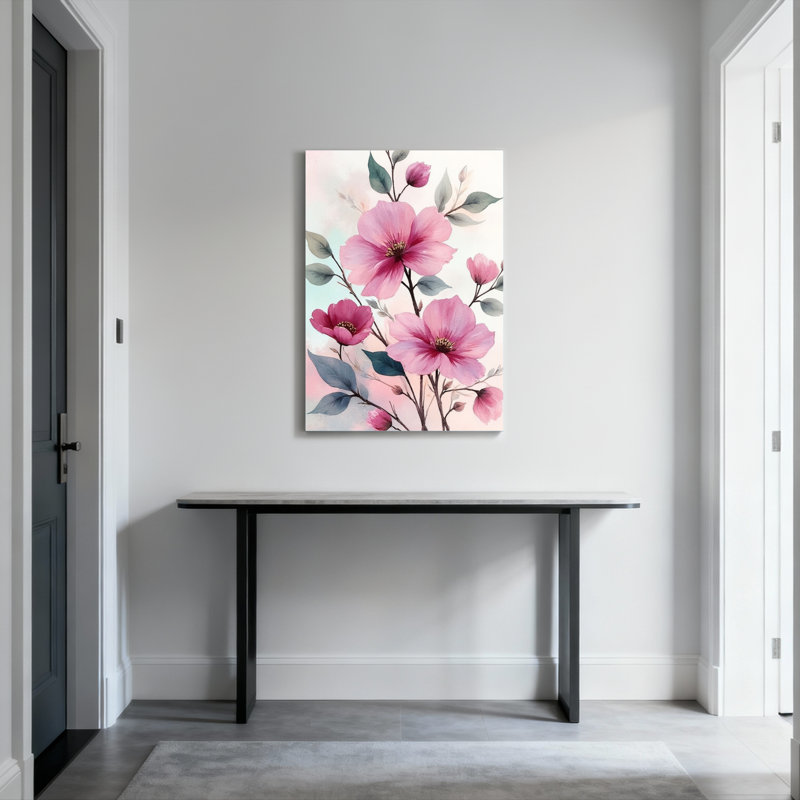 Ensemble de 1 tableau mural en toile à motif floral rose aquarelle, H 24 po x l 16 po