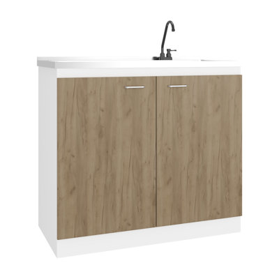 Évier utilitaire sur pied avec robinet en plastique et comptoir intégré, meuble blanc et naturel pour ateliers de garage, deux étagères intérieures, poignées en métal, style moderne pour les tâches ménagères, montage facile