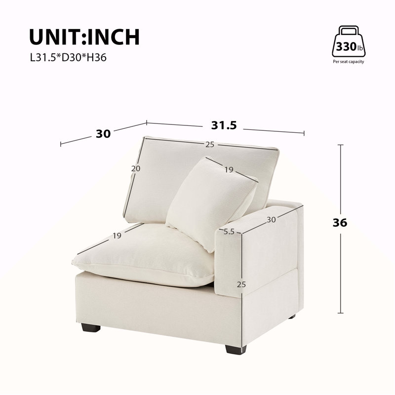 Module de siège 31,5 * 30 pouces pour canapé modulaire modulaire, tissu chenille, disponible en 2 couleurs, Blanc