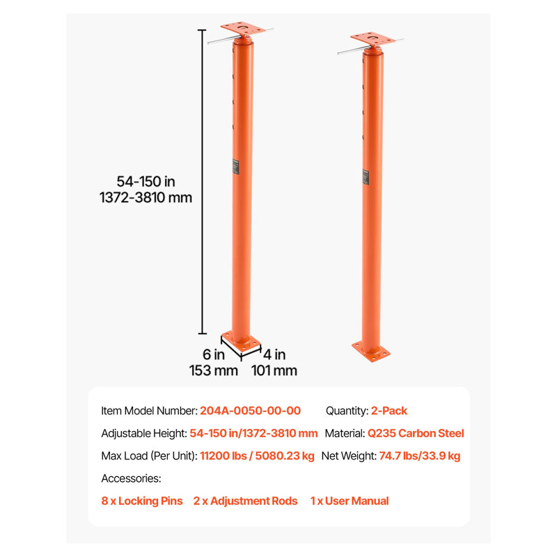 Poteau de vérin de plancher réglable robuste (paquet de 2) - colonne de soutien télescopique en acier pour nivellement de sous-sol et levage de poutre temporaire, portée de 54 à 150 pouces