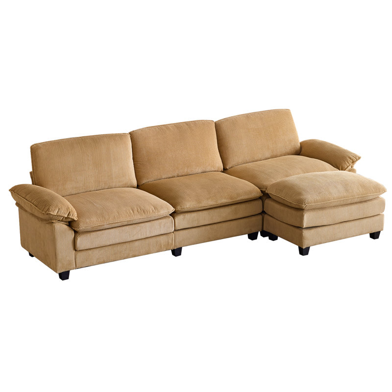 Corduroy Double Cushion Sectionals With One Ottoman, Khaki Corduroy