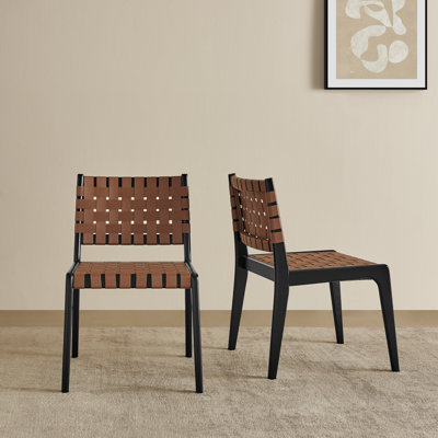 Modern Dining Chairs, Brown Leather Strap Seat and Back, Black Rubberwood Frame and Legs, Minimal Assembly Required, Stylish Accent Chairs for Dining