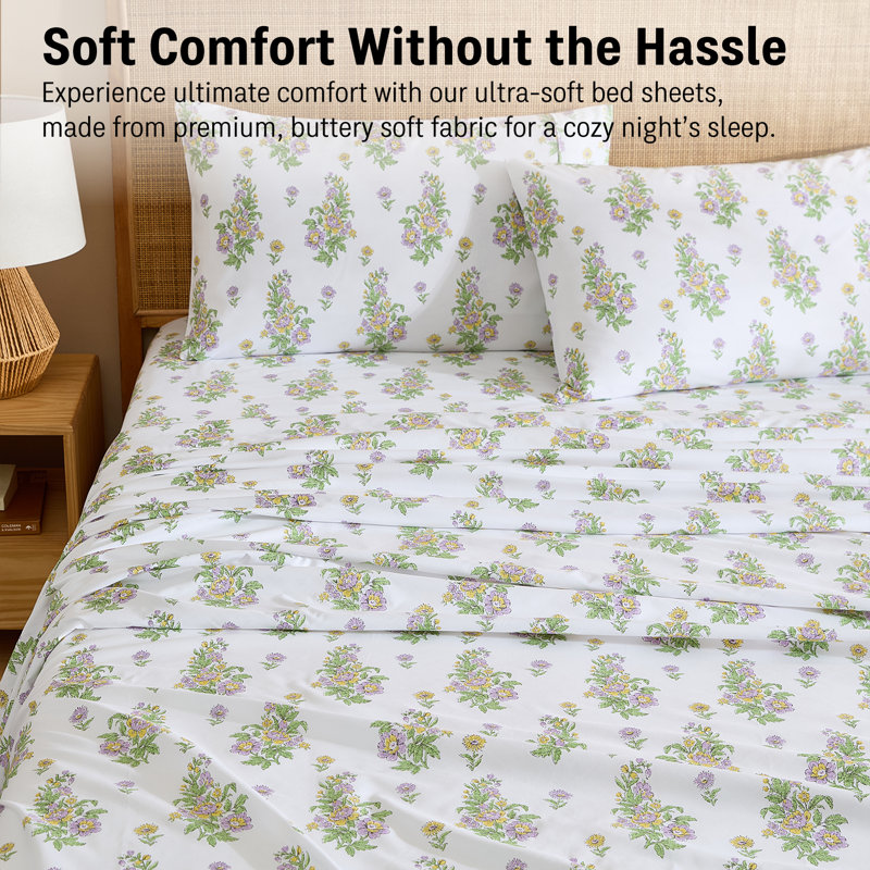 HLC.ME Color Block Printed Floral Bed Sheets - 4 Piece Patterned Bed Sheet Set - Wrinkle Resistant & Soft - Fits Mattresses Up To 15 Inches Deep (Full, Lilac Purple)