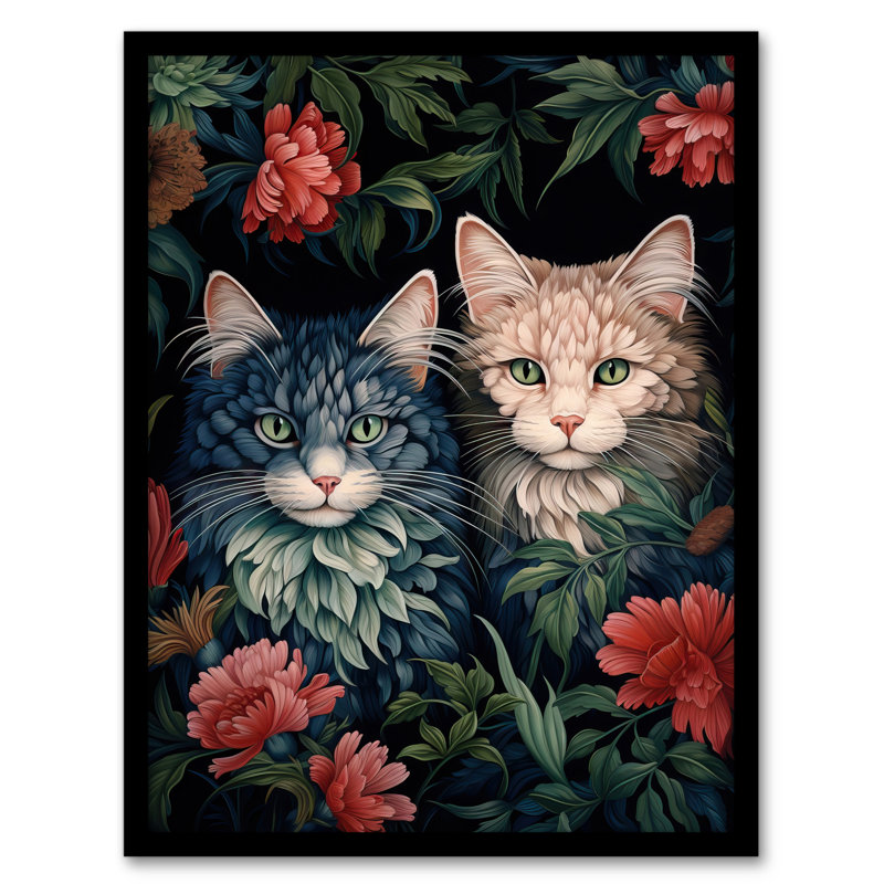 Cat Flowers Blend White Grey Blue Cats Red Flowers - Single Picture Frame Print