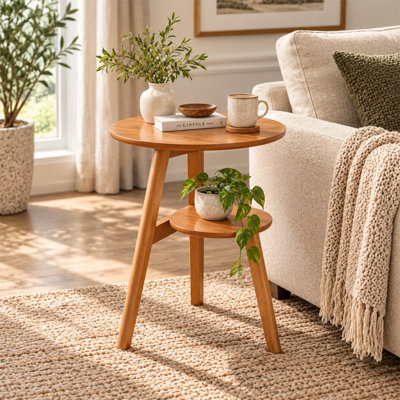 Solid Wood 2-Tier Round Side Table with Lower Shelf, End Table for Living Room or Bedroom