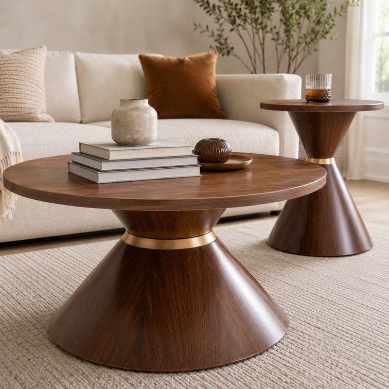 Ensemble de tables basses rondes 2 pièces à la mode, comptoir texturé en noyer avec base en métal stable, table d'appoint facile à nettoyer dans le salon et la chambre à coucher, brun noisette