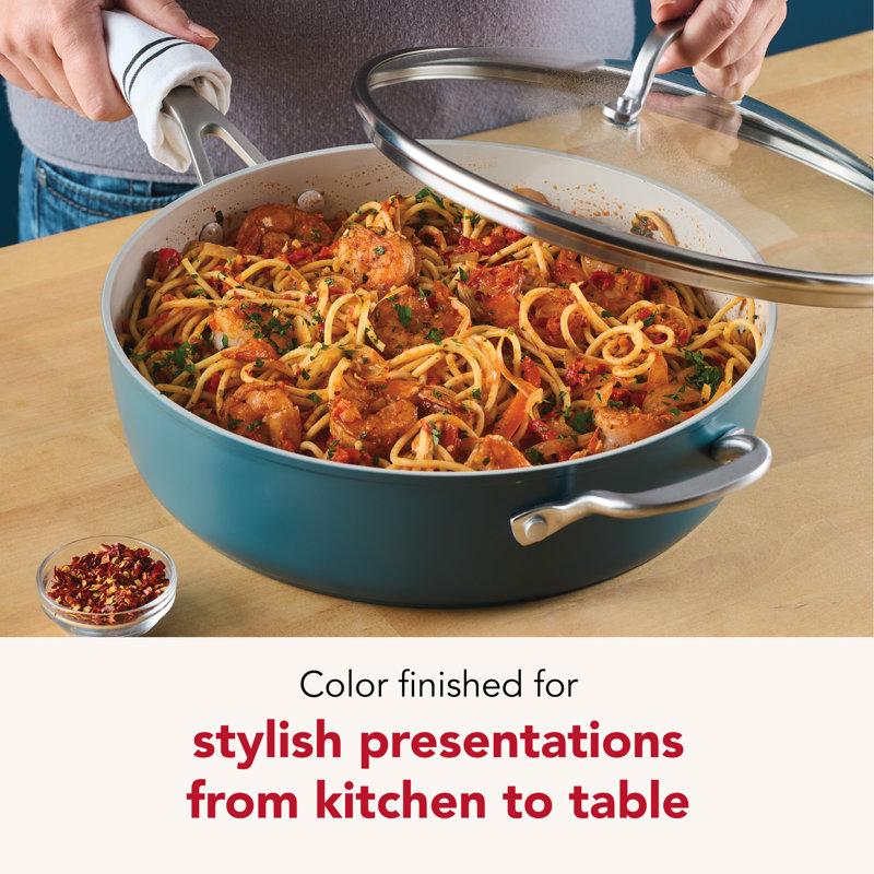 Kitchenaid Hard-Anodized Ceramic Induction Saute Pan With Lid And Helper Handle, 5-Quart, Agave, Blue
