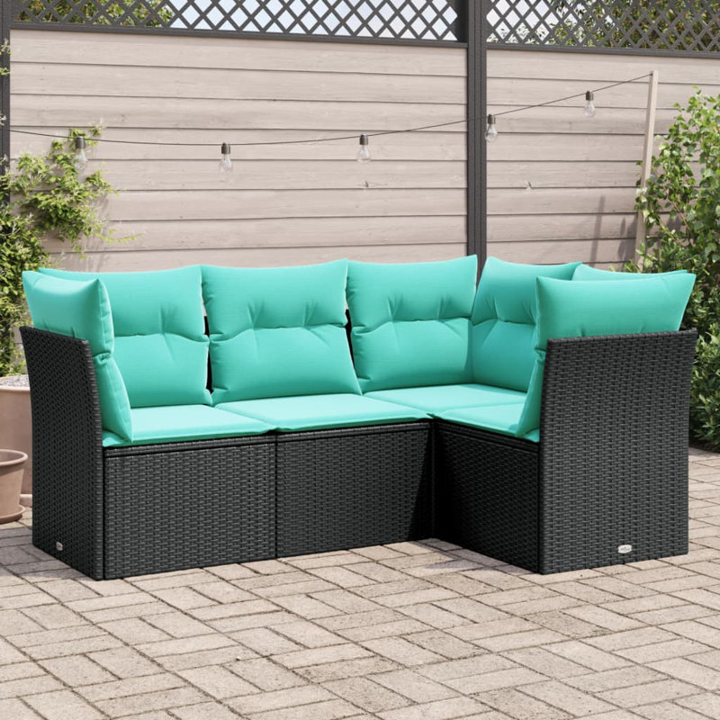 Ebern Designs 4 Piece Patio Sofa Set With Cushions Poly Rattan, Blue, Black