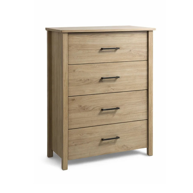 Commode haute 4 tiroirs Kele, poignées noires, bois de chêne brun clair, Brun chêne clair