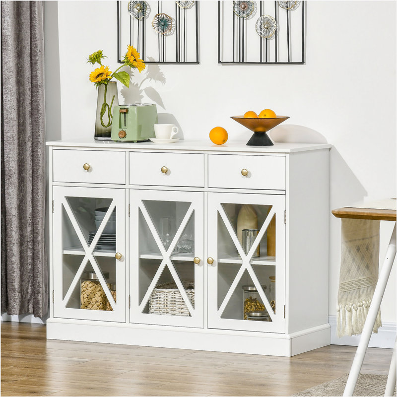 White Farmhouse Style Sideboard Buffet Cabinet with Glass Doors and Drawers