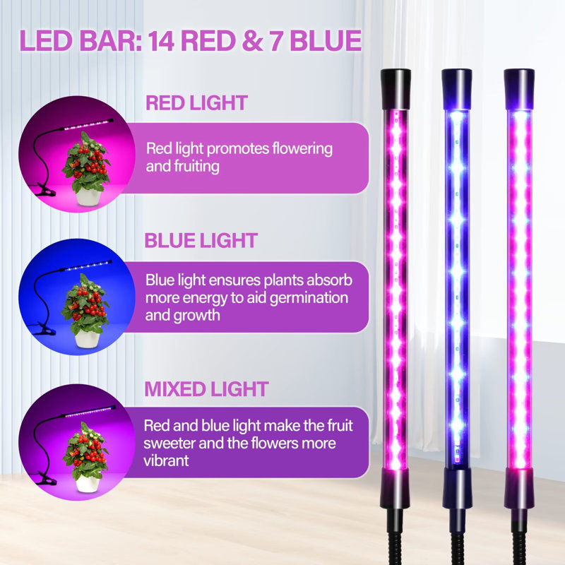Lumière de croissance à 1 tube DEL avec spectre complet pour les plantes d'intérieur, 3 modes d'éclairage et 10 niveaux d'intensité réglable, minuterie automatique 6H / 9H / 12H, rouge et bleu, paquet de 2