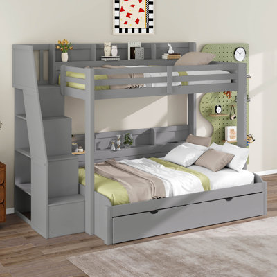 Twin Over Full Bunk Bed With Storage Staircase, Trundle, Storage Shelves, Bunk Bed Frame With LED Strip Lighting And USB For Kids