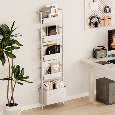 Wall Mounted Kids Bookshelf with Storage Bin, 5-Tier Ladder Shelf, Suitable for Books, Toys, Magazines, Documents, Albums,White