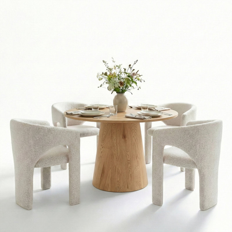 5-Piece Modern Round Dining Set With 46" Pedestal Table & Upholstered Barrel Chairs, Oak