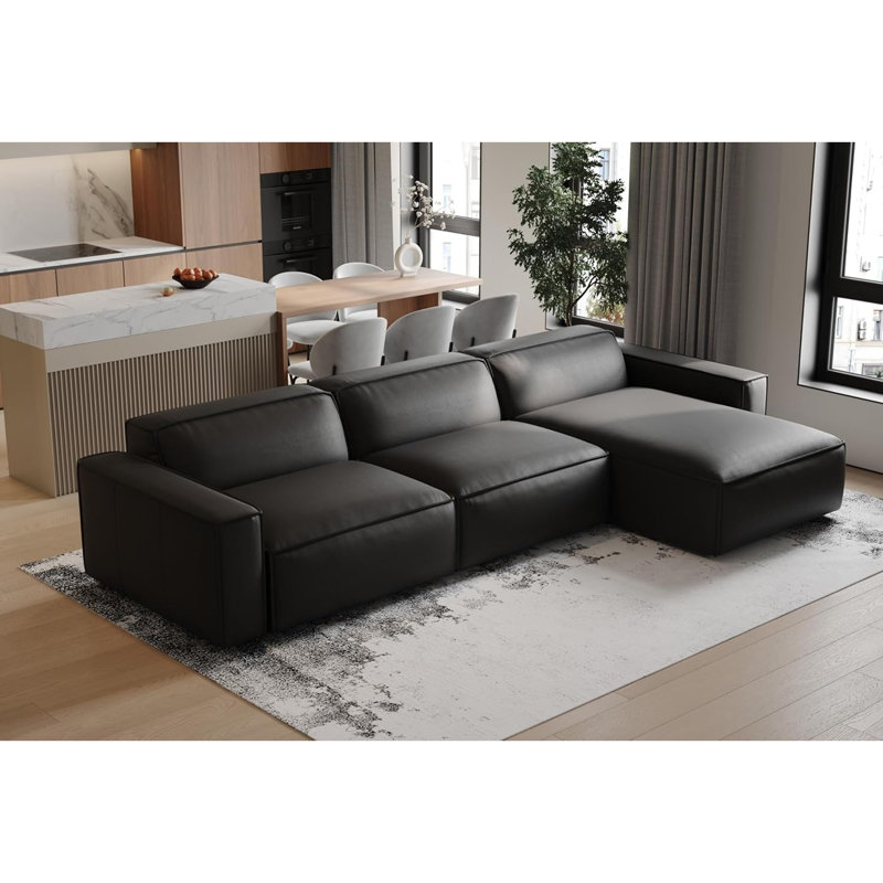 Canapé modulaire en cuir Hamall Nathan, Cuir véritable noir, Orienté à droite