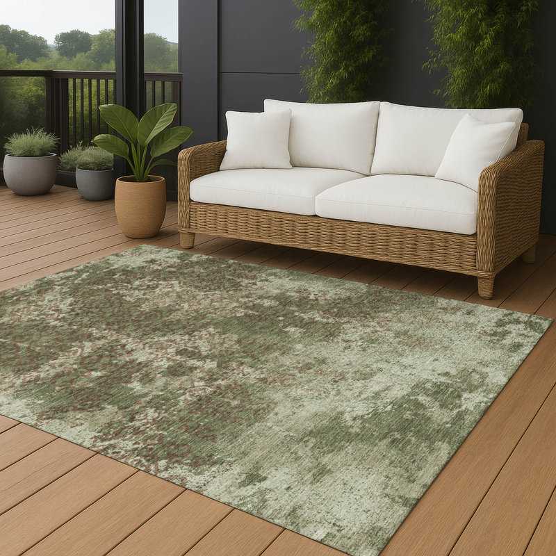 Tapis abstrait lavable à la machine intérieur / extérieur ACN2788, Olive, 10 pi x 14 pi