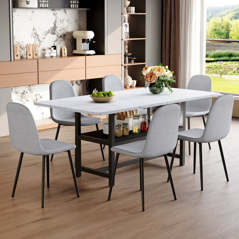 Ensemble de table et chaises, 7 pièces : table, 6 chaises, Gris clair
