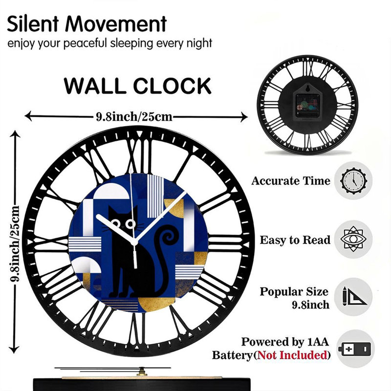 Horloge murale ronde en fer 10 po avec mouvement à quartz silencieux, chiffres romains, impression UV, Nuit