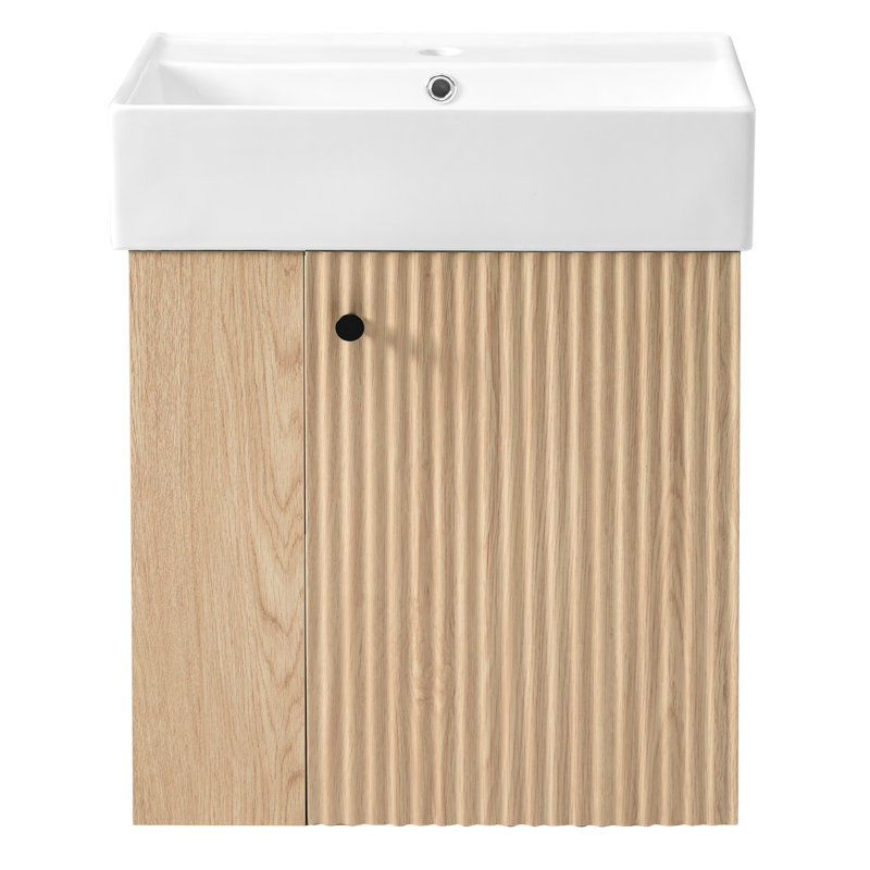 Meuble-lavabo flottant mural de 21,6 po, lavabo en céramique, trou unique, porte ondulée, fermeture en douceur, meuble-lavabo latéral avec poignée en or rose,