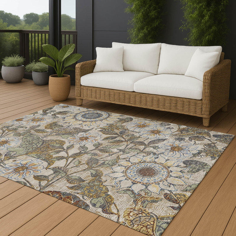Machine Washable Indoor/Outdoor Chantille ACN2774 Floral Rug, Beige, 10' x 14'