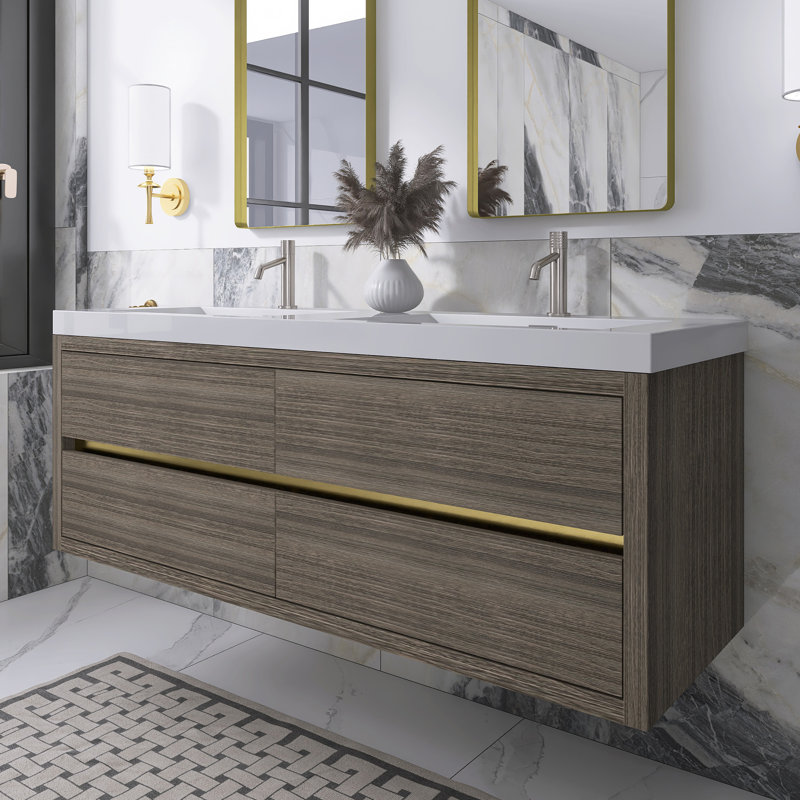 Meuble-lavabo mural 60 po avec lavabo, Bois de frêne gris