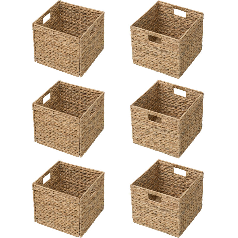 11" W x 11" D Square Natural Water Hyacinth Hand Woven Rattan Wicker Storage Basket Set with Iron Wire Frame (Set of 6), 6