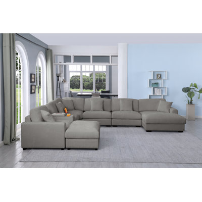 Modern 8 Seats Upholstered Cloud Corner Sectional Sofa With Console& Two Ottomans