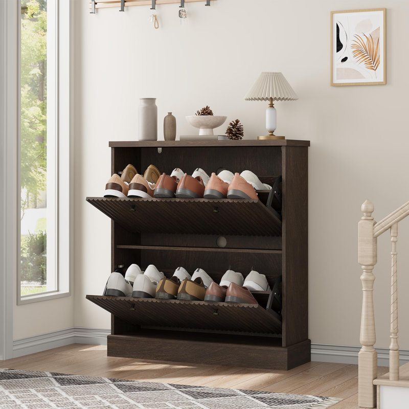 Range-chaussures avec 2 tiroirs rabattables, organisateur de rangement pour chaussures à porte cannelée avec tablettes réglables pour le vestibule