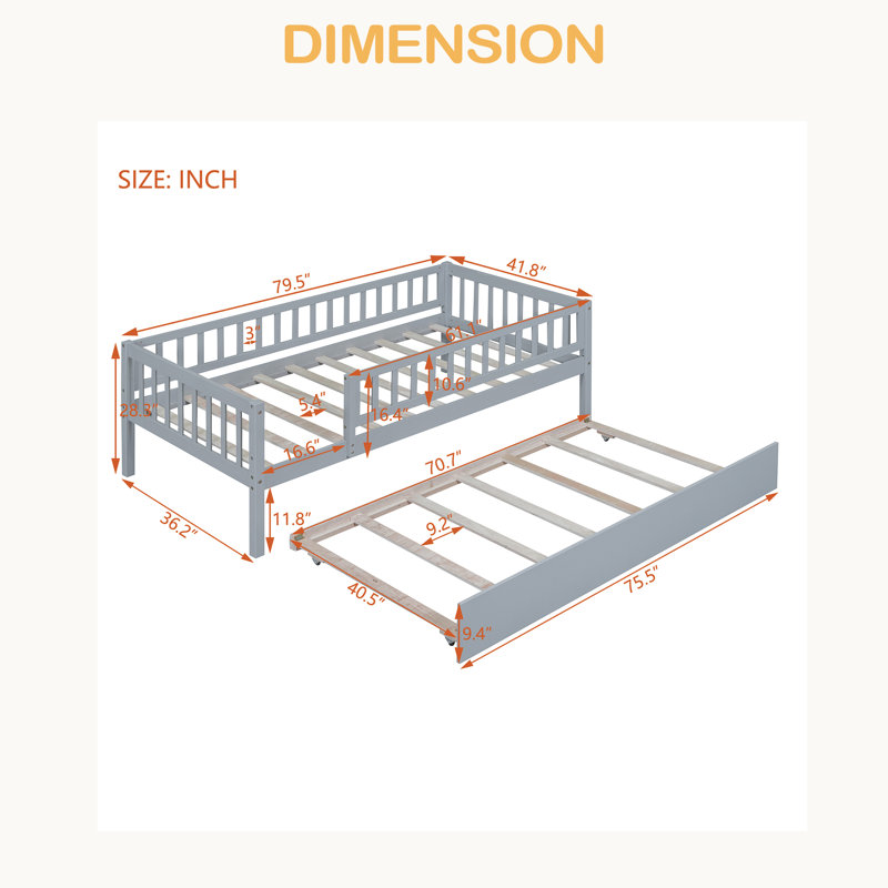 Lit de jour simple en bois avec couchette et garde-corps, Gris